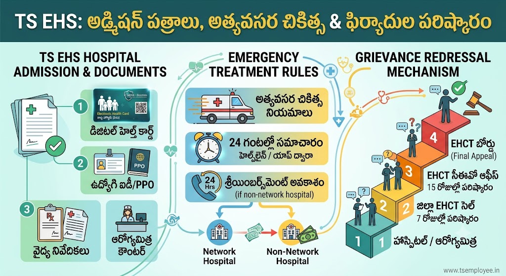 TS EHS hospital admission document checklist, emergency treatment rules for non-network hospitals, 24-hour notification, and 4-tier grievance resolution
