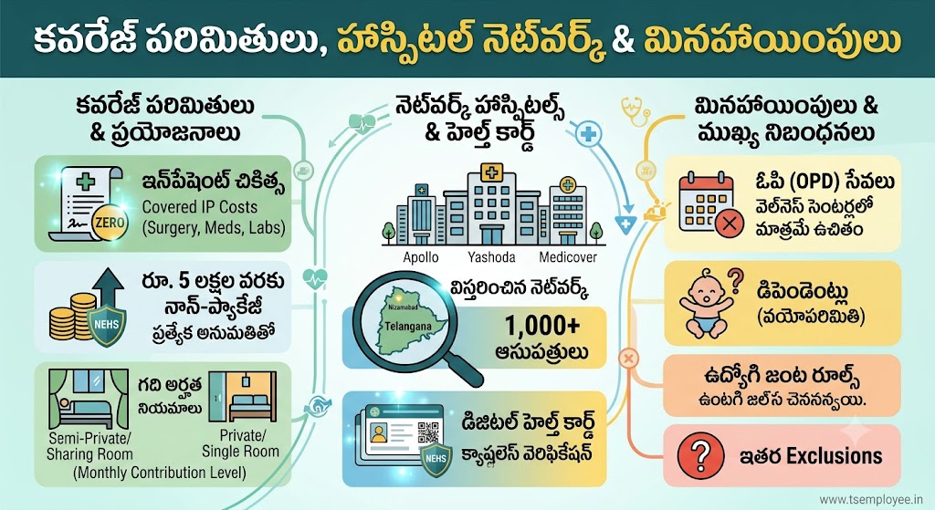 TS EHS inpatient coverage limits, 1,816 CGHS-based packages, ₹5 lakh non-package treatment limit, and 1,000+ empanelled network hospitals in Telangana.
