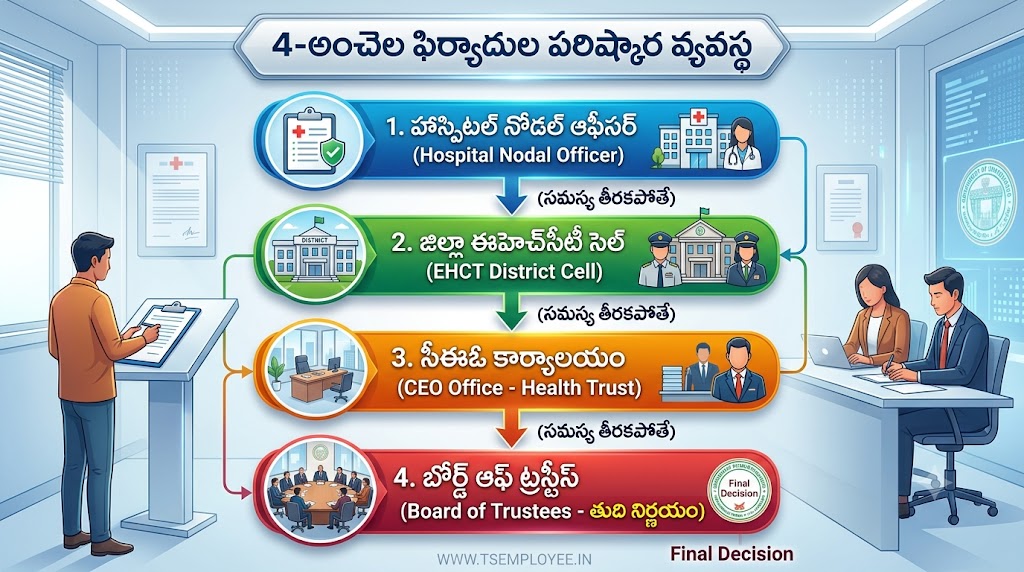 Telangana NEHS Grievance Portal 4-level online complaint redressal flow chart and EHCT helpline for health scheme issues
