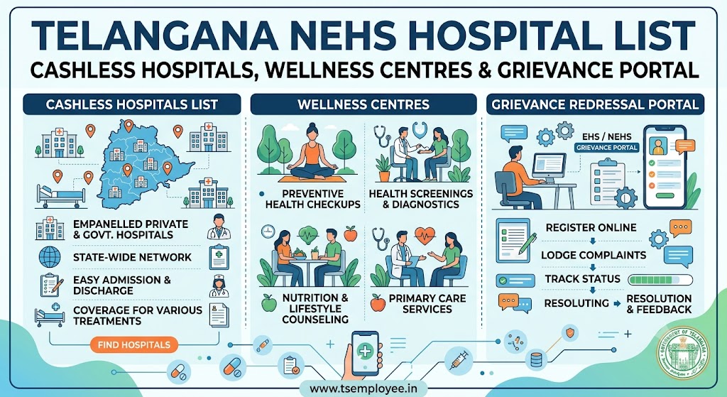 Telangana NEHS Hospital List Cashless Hospitals, Wellness Centres & Grievance Portal Telangana NEHS Hospital List showing empanelled cashless hospitals, wellness centres, and health card benefits under Telangana Employees Health Scheme